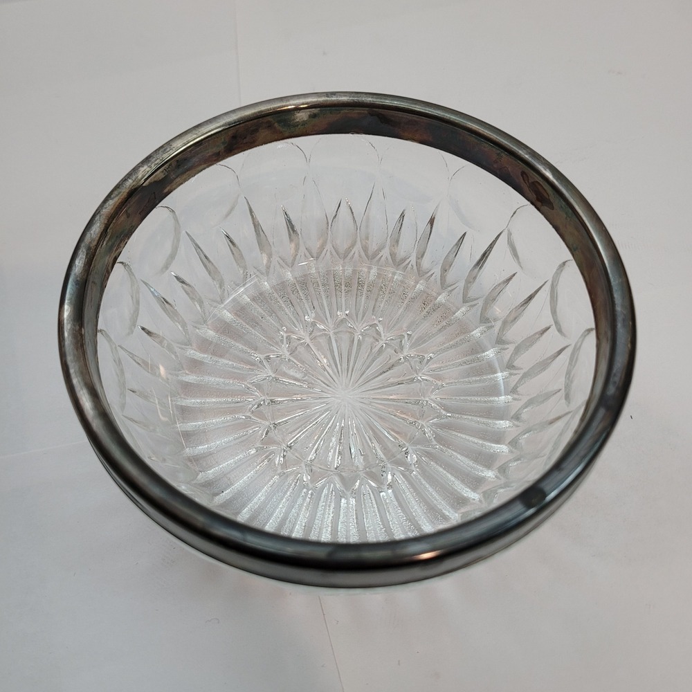 Unbranded Glass Bowl Silver Rim Sunburst Cut Glass Vintage 5 Inch Decorative